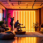 A photograph of a professional lighting installation in progress