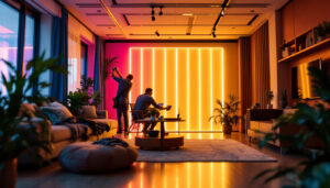 A photograph of a professional lighting installation in progress