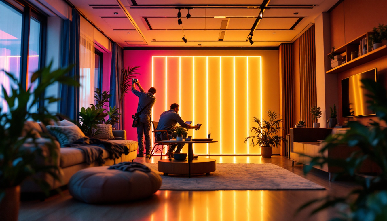 A photograph of a professional lighting installation in progress