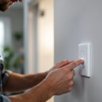 A photograph of a lighting contractor installing a motion sensor light switch in a residential setting