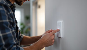 A photograph of a lighting contractor installing a motion sensor light switch in a residential setting