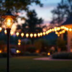 A photograph of a beautifully illuminated outdoor yard at dusk