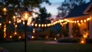 A photograph of a beautifully illuminated outdoor yard at dusk