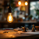 A photograph of a vintage-style retro light bulb glowing warmly in a cozy