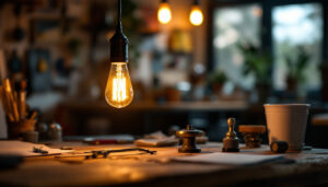 A photograph of a vintage-style retro light bulb glowing warmly in a cozy