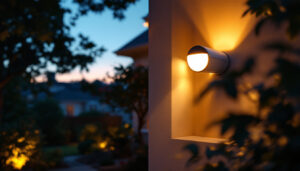 A photograph of a motion-activated porch light in action