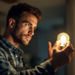A photograph of a lighting contractor installing or examining a 120v 60hz light bulb in a residential or commercial setting