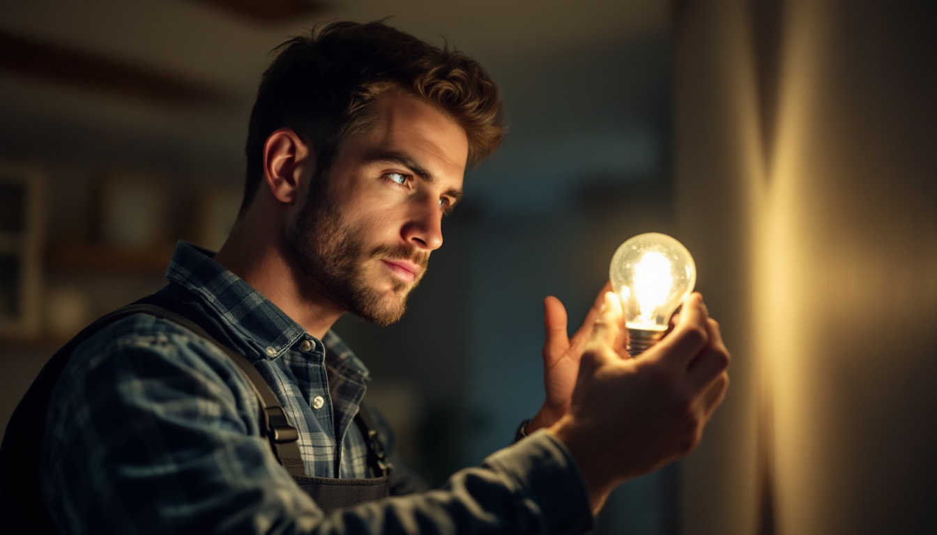 A photograph of a lighting contractor installing or examining a 120v 60hz light bulb in a residential or commercial setting