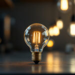 A photograph of a vintage light bulb prototype alongside modern lighting fixtures