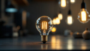 A photograph of a vintage light bulb prototype alongside modern lighting fixtures