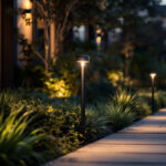 A photograph of a modern outdoor space illuminated by sleek
