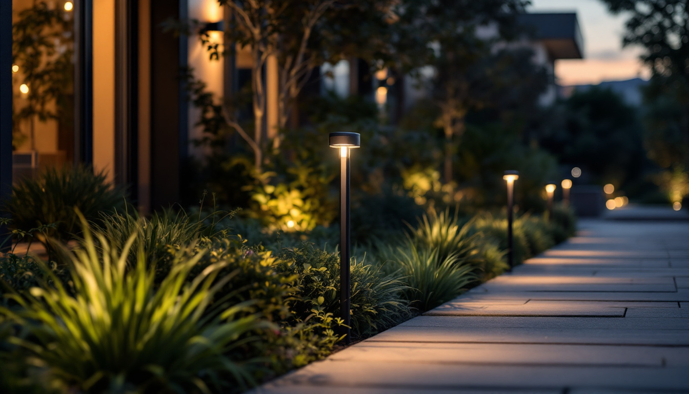 A photograph of a modern outdoor space illuminated by sleek