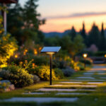 A photograph of a beautifully landscaped outdoor space illuminated by solar-powered lights at dusk
