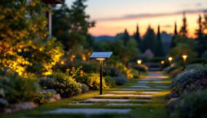 A photograph of a beautifully landscaped outdoor space illuminated by solar-powered lights at dusk