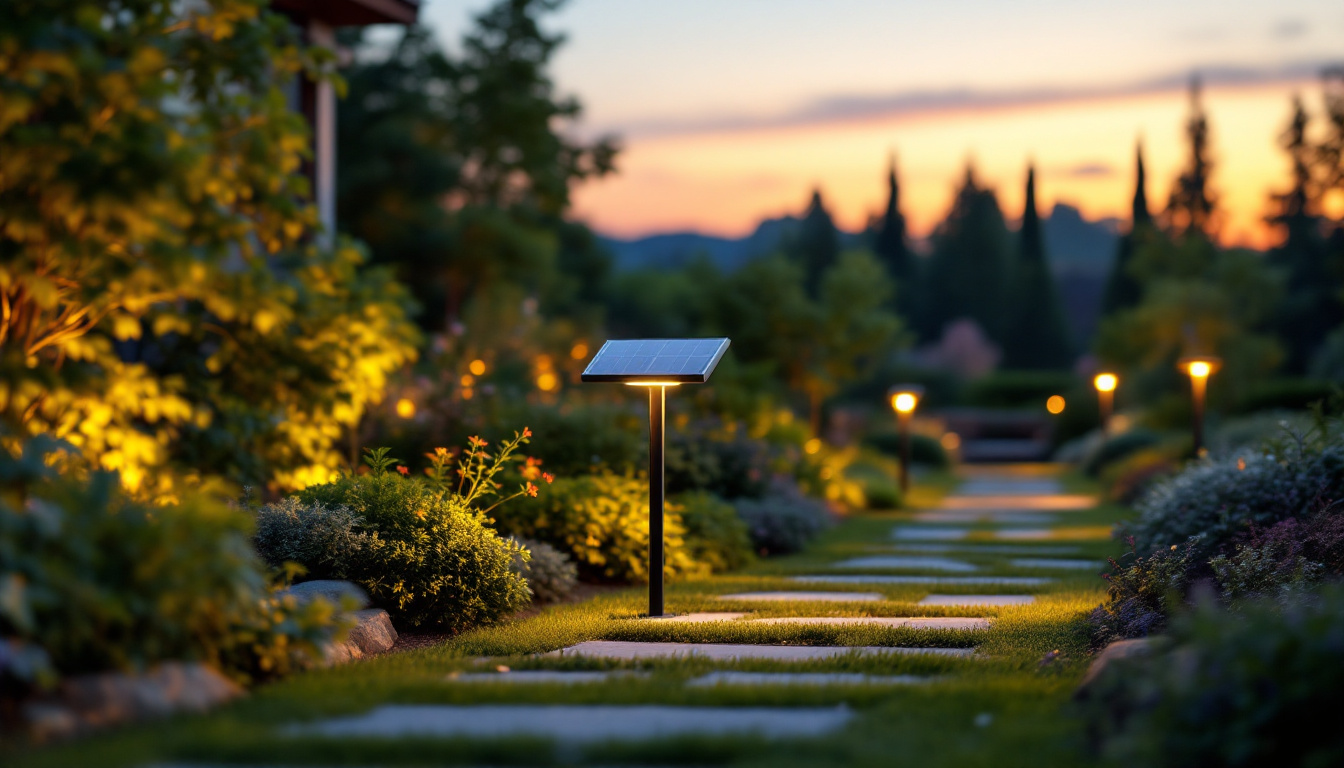 A photograph of a beautifully landscaped outdoor space illuminated by solar-powered lights at dusk