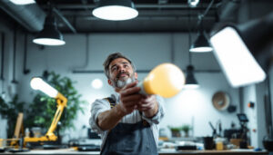 A photograph of a well-lit workspace featuring a lighting contractor installing or examining 4 ft led bulbs