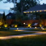 A photograph of a beautifully illuminated outdoor space featuring various styles of solar lights in a yard setting