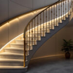 A photograph of a beautifully illuminated staircase featuring stylish staircase lights that highlight the architecture and ambiance