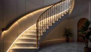 A photograph of a beautifully illuminated staircase featuring stylish staircase lights that highlight the architecture and ambiance