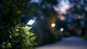 A photograph of a motion detector sensor light in action