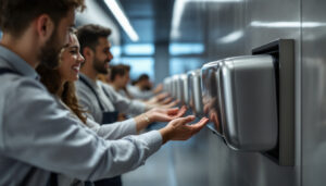 A photograph of a busy commercial restroom featuring a sleek
