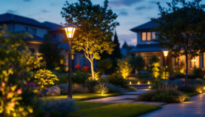 A photograph of a solar lamp illuminating a beautifully landscaped outdoor space at dusk