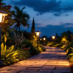 A photograph of a beautifully illuminated walkway at dusk