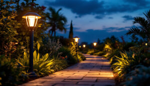 A photograph of a beautifully illuminated walkway at dusk
