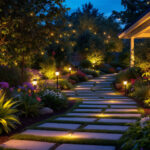 A photograph of a beautifully illuminated outdoor garden scene at dusk