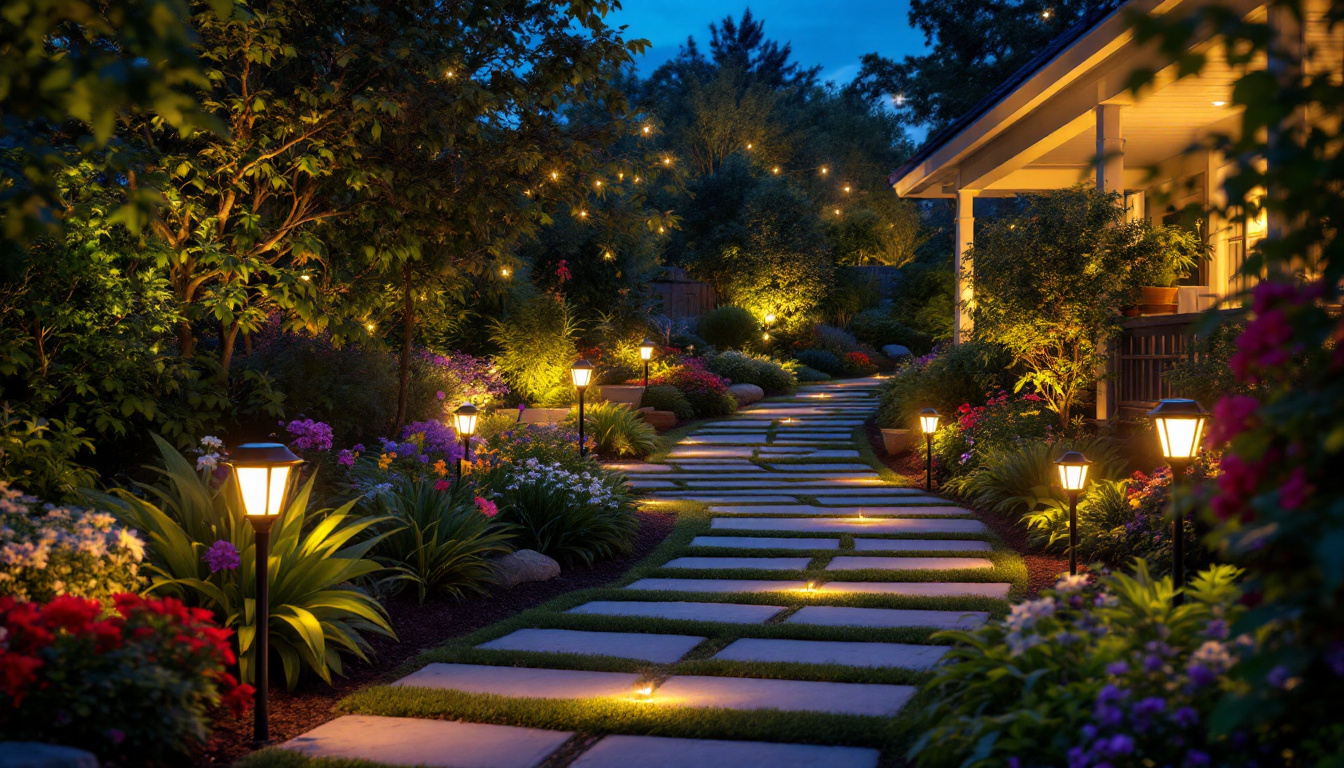 A photograph of a beautifully illuminated outdoor garden scene at dusk
