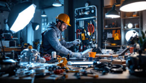 A photograph of a well-organized workspace featuring essential lighting tools and equipment