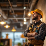 A photograph of a skilled technician installing energy-efficient lighting in a commercial space