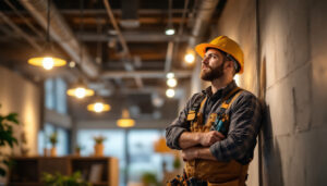 A photograph of a skilled technician installing energy-efficient lighting in a commercial space