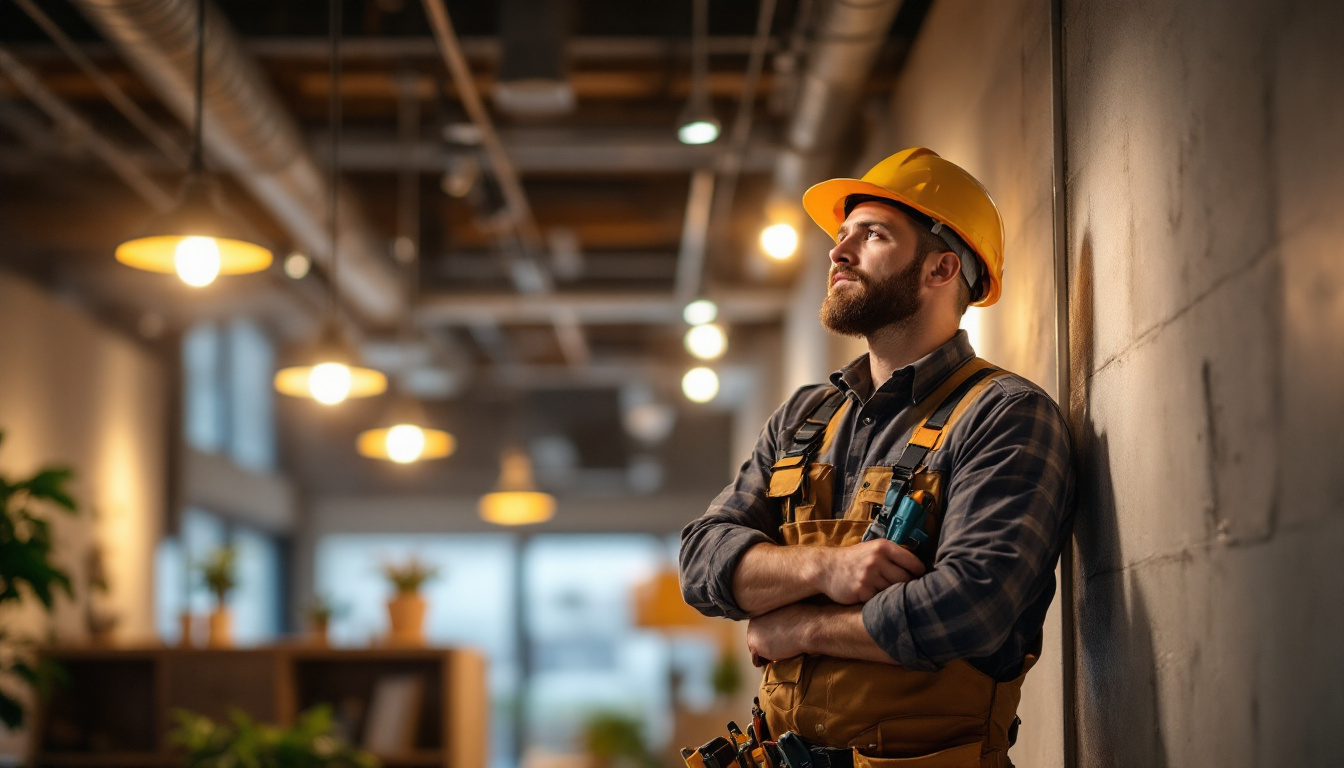 A photograph of a skilled technician installing energy-efficient lighting in a commercial space