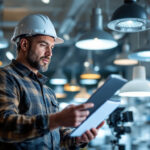 A photograph of a lighting contractor examining various led fixtures in a well-lit showroom
