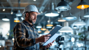 A photograph of a lighting contractor examining various led fixtures in a well-lit showroom
