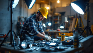 A photograph of a lighting contractor on a job site