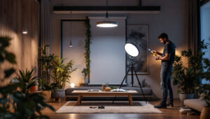 A photograph of a modern lighting contractor installing circle lights in a well-lit space