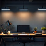 A photograph of a well-lit workspace featuring linkable led shop lights in action