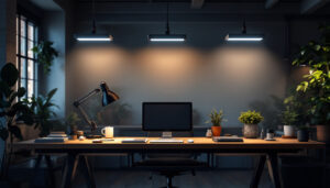 A photograph of a well-lit workspace featuring linkable led shop lights in action