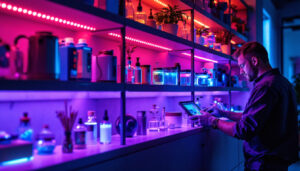 A photograph of a beautifully lit shelf displaying various items under uv lights