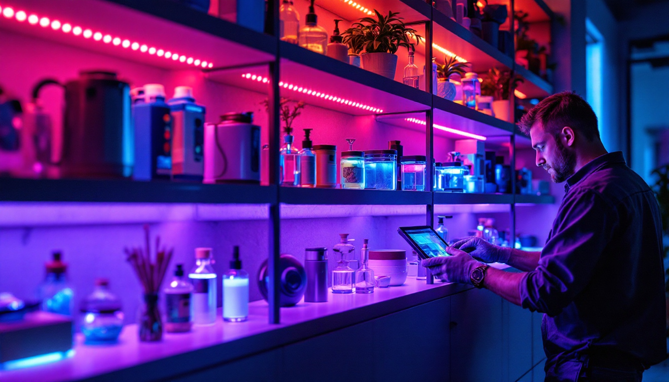 A photograph of a beautifully lit shelf displaying various items under uv lights