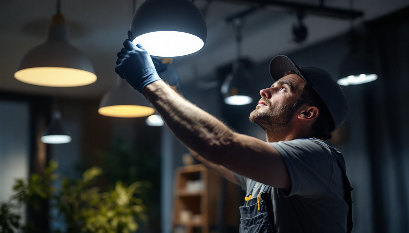 A photograph of a lighting contractor skillfully installing or adjusting modern lighting fixtures in a well-lit