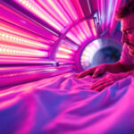 A photograph of a well-lit tanning bed with vibrant bulbs glowing