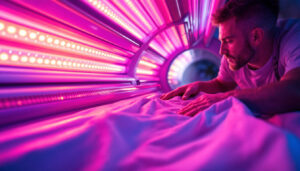 A photograph of a well-lit tanning bed with vibrant bulbs glowing