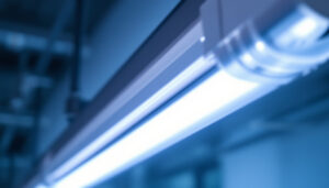 A photograph of a close-up shot of a fluorescent tube light in a well-lit environment