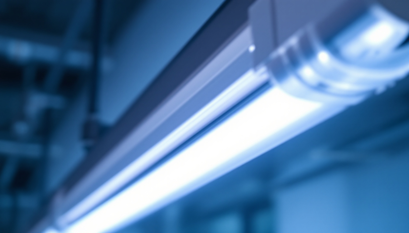 A photograph of a close-up shot of a fluorescent tube light in a well-lit environment