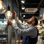 A photograph of a lighting contractor at work in a designer outlet