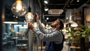 A photograph of a lighting contractor at work in a designer outlet