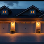 A photograph of a beautifully illuminated garage exterior at dusk